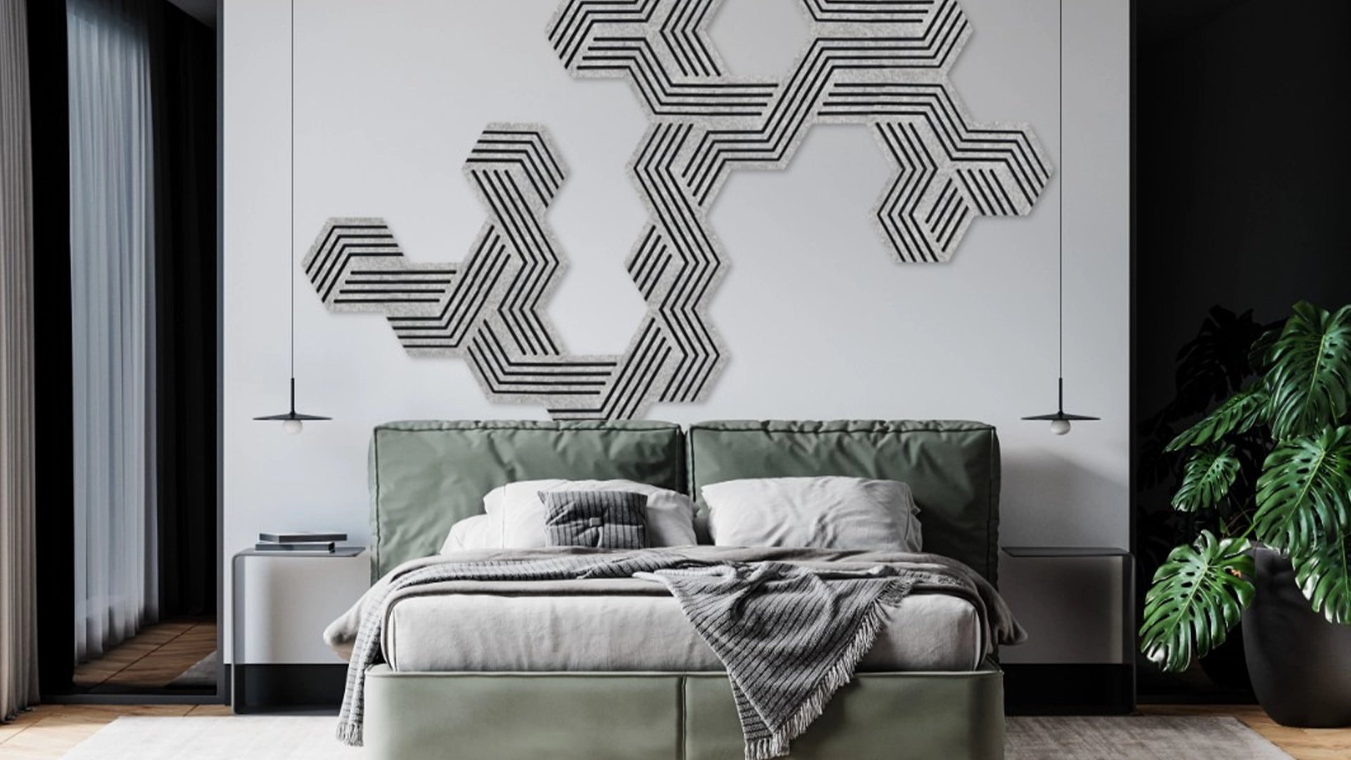 Decorative 3D Felt Wall Tiles DECO1 composition on grey wall Decormania UK